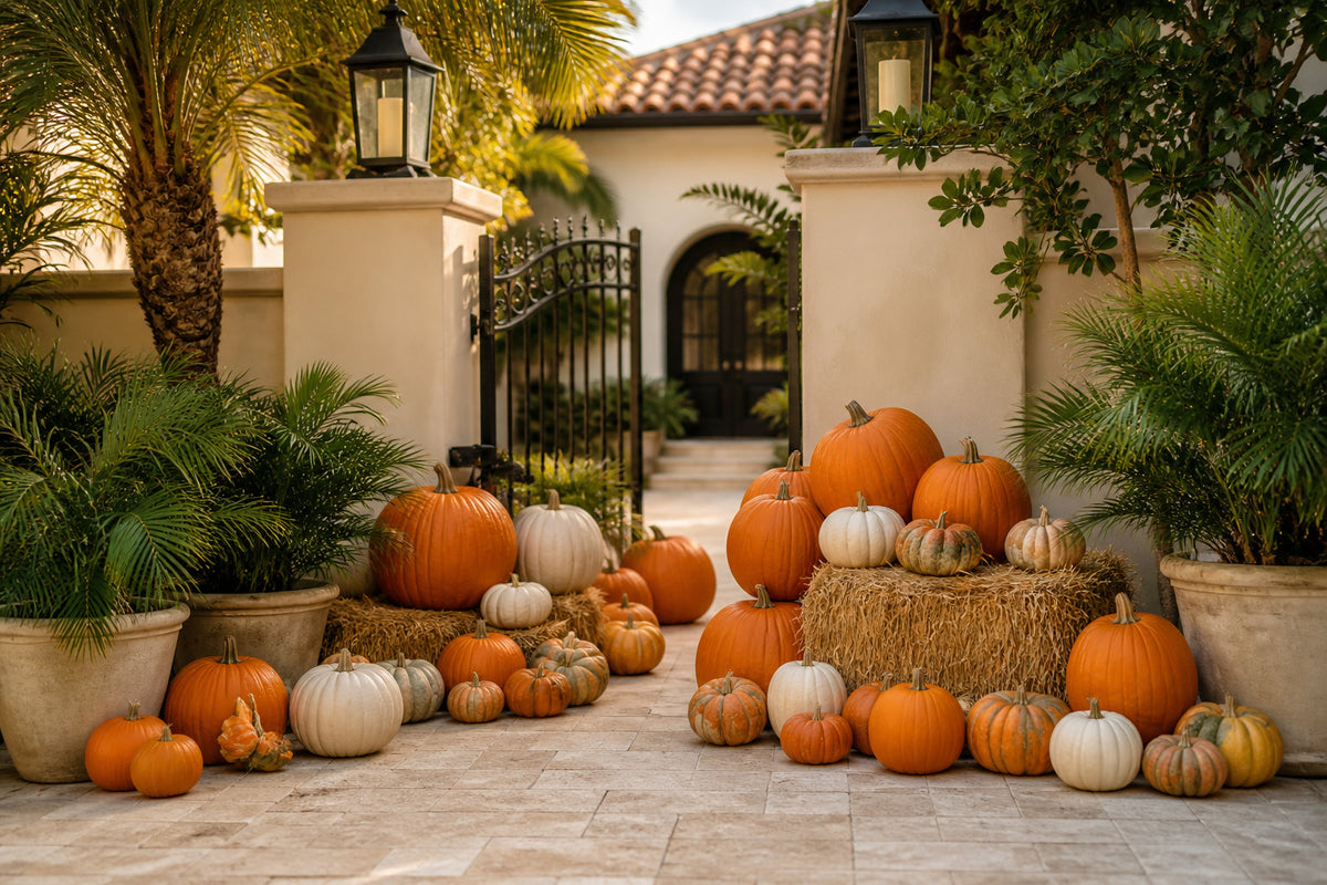 Styled detail of the Gold Pumpkin Package pumpkin arrangement, Naples FL