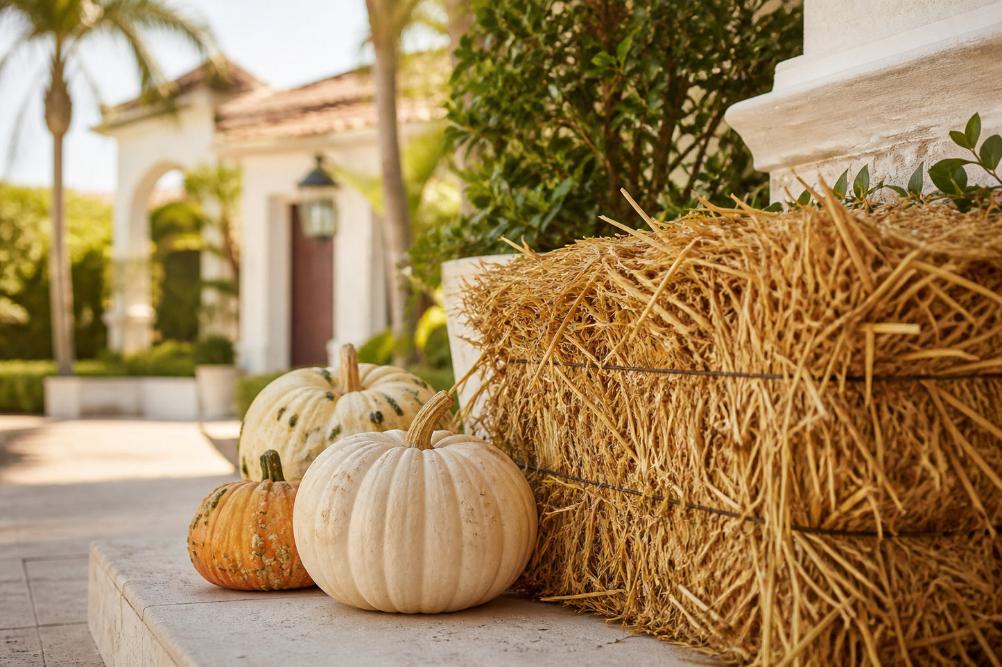 Close texture detail of a hay bale beside heirloom pumpkins, Naples FL