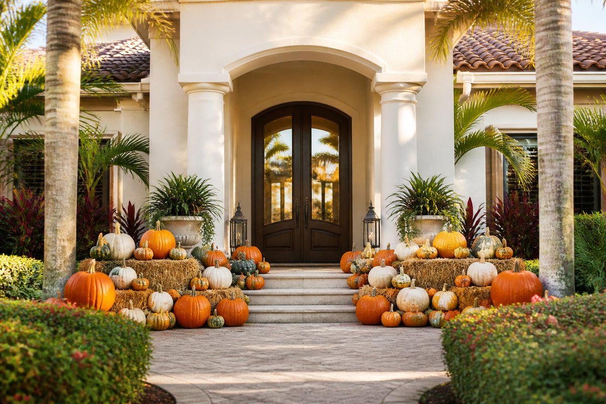Styled detail of the Platinum Pumpkin Package pumpkin arrangement, Naples FL
