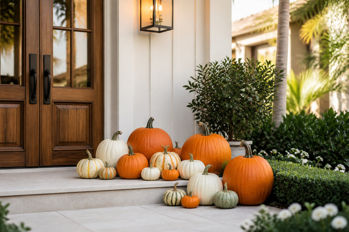 Styled detail of the Silver Pumpkin Package pumpkin arrangement, Naples FL
