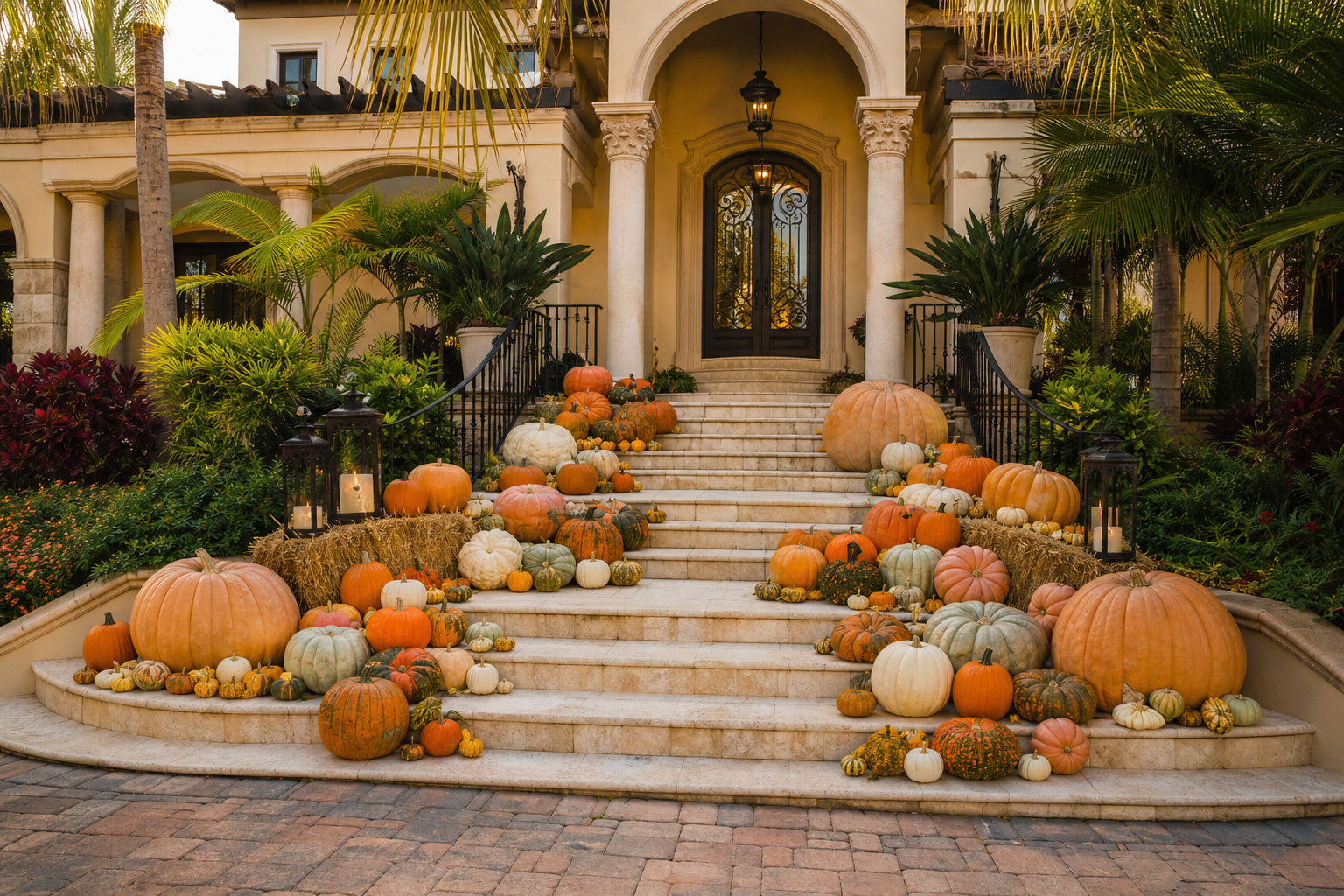 Diamond Pumpkin Package display on the tiered front steps of a Naples, Florida home