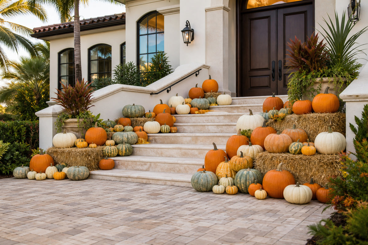 Diamond Pumpkin Package fall entry display seen from the driveway, Naples FL