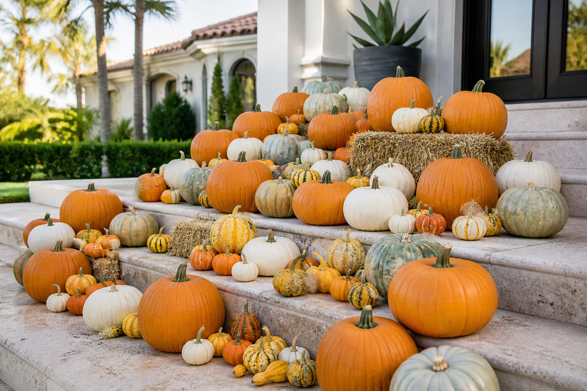 Close-up of heirloom and white ghost pumpkins in the Diamond Pumpkin Package, Naples FL
