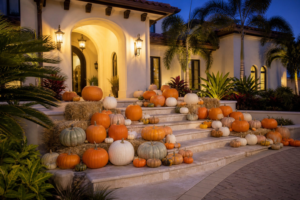 Diamond Pumpkin Package porch display lit at dusk on a Naples, Florida home