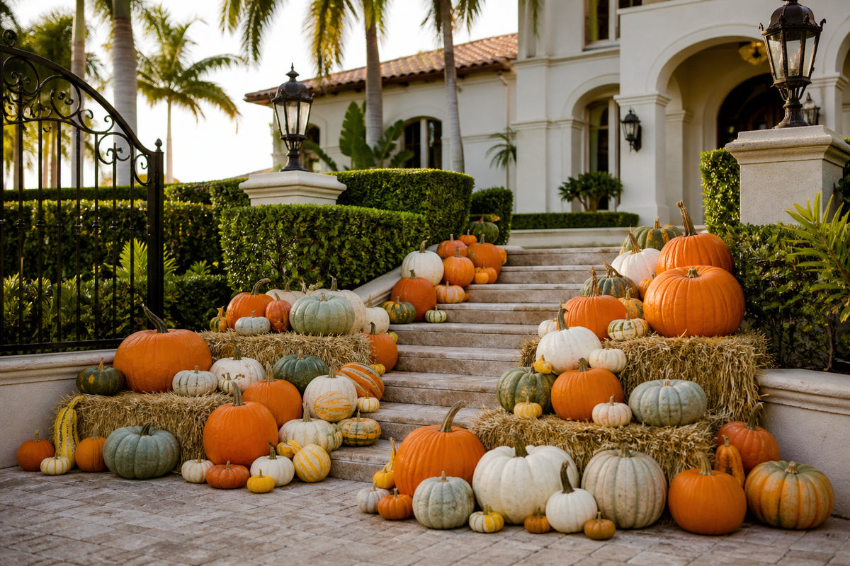 Styled detail of the Diamond Pumpkin Package pumpkin arrangement, Naples FL