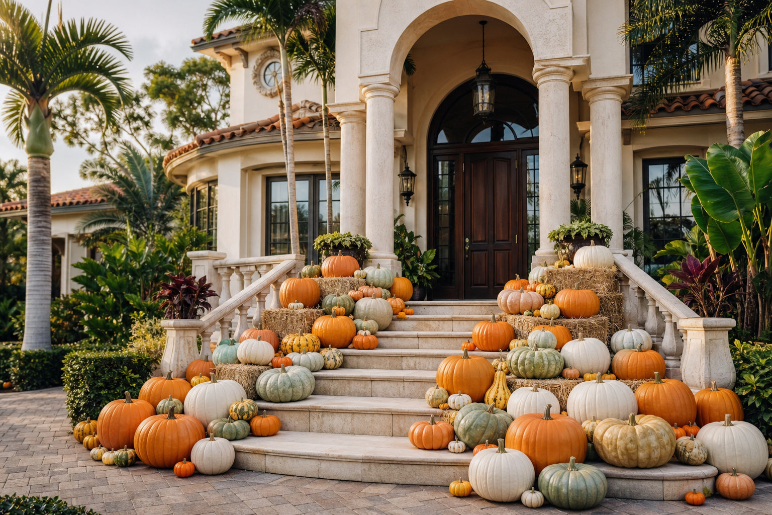 Fall pumpkin display on the tiered front steps of a Naples, Florida home