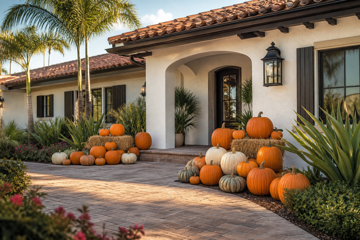 Gold Pumpkin Package fall entry display seen from the driveway, Naples FL