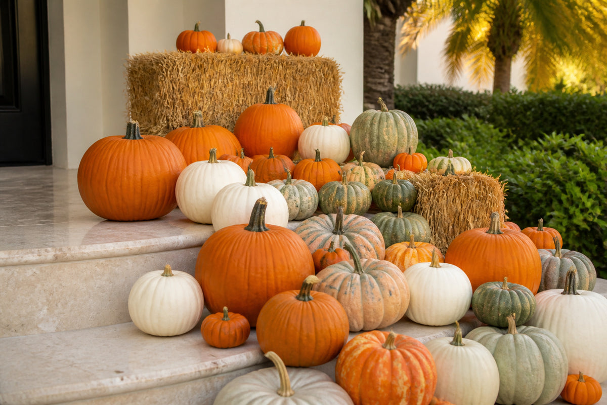 Close-up of heirloom and white ghost pumpkins in the Gold Pumpkin Package, Naples FL