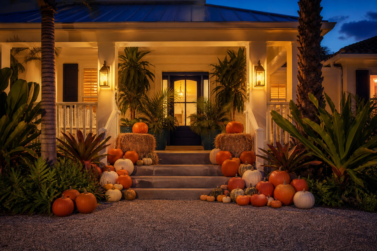 Gold Pumpkin Package porch display lit at dusk on a Naples, Florida home