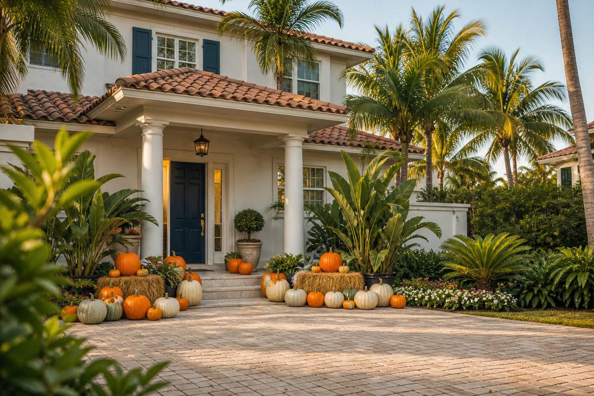 Gold Pumpkin Package fall porch display delivered and arranged in Naples, Florida