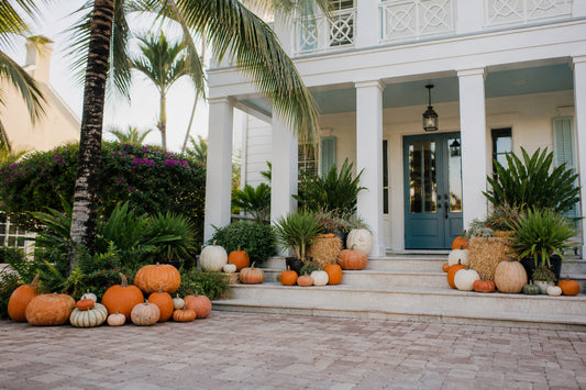 Gold Pumpkin Package fall porch display delivered and arranged in Naples, Florida