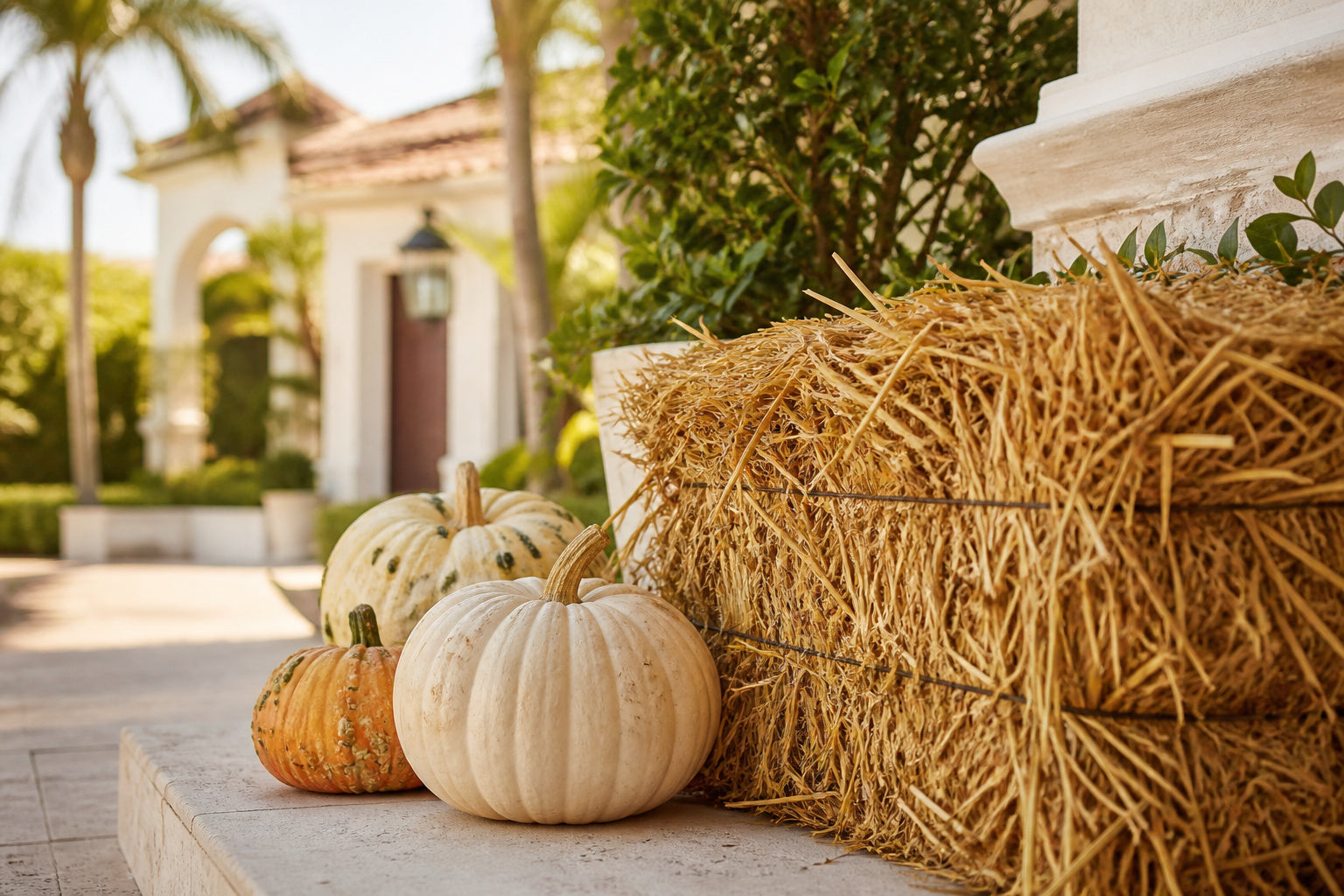 Close texture detail of a hay bale beside heirloom pumpkins, Naples FL