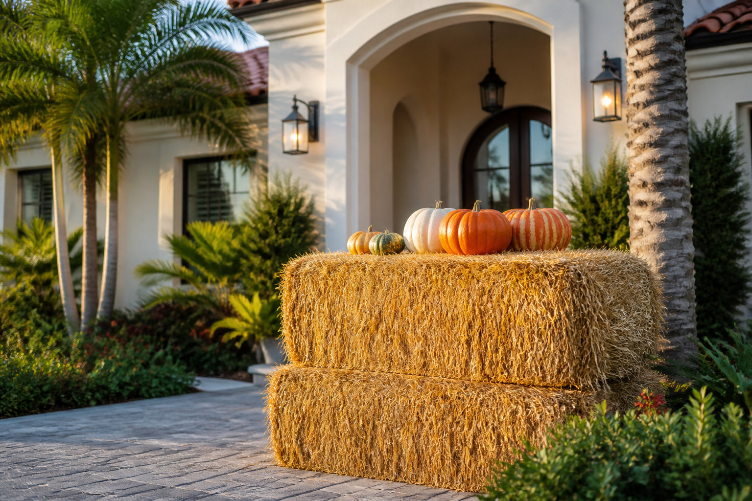 Oversized golden hay bales add height to a fall porch display in Naples, Florida