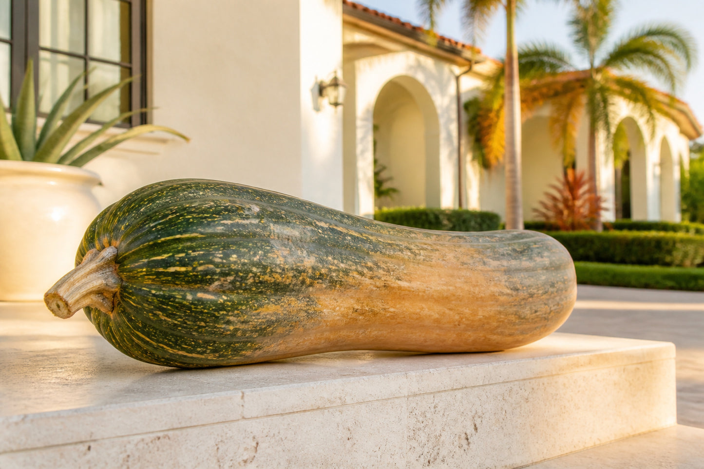 The Naples Pumpkin, a long green and tan heirloom squash on a Naples, Florida front step