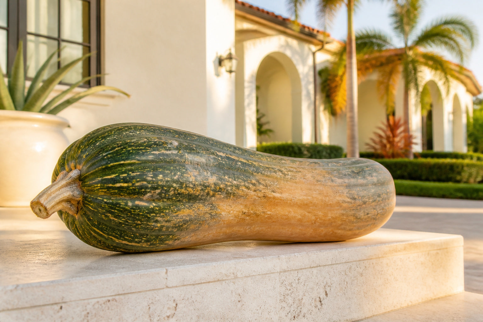 The Naples Pumpkin, a long green and tan heirloom squash on a Naples, Florida front step