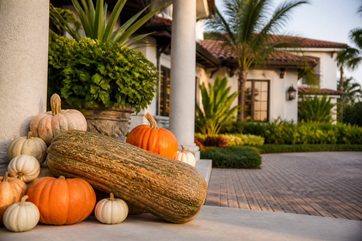 Naples Long heirloom pumpkin with white and orange pumpkins on a Naples, FL porch