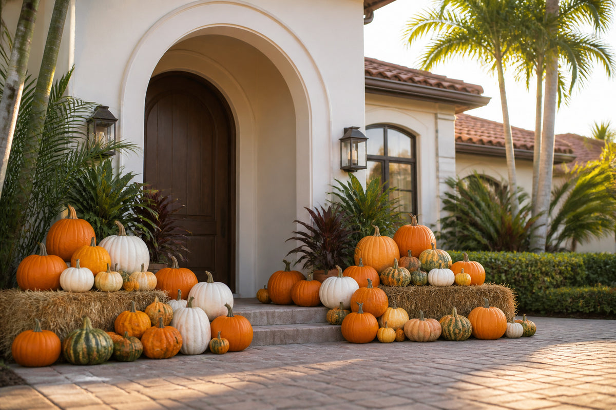 Platinum Pumpkin Package fall entry display seen from the driveway, Naples FL