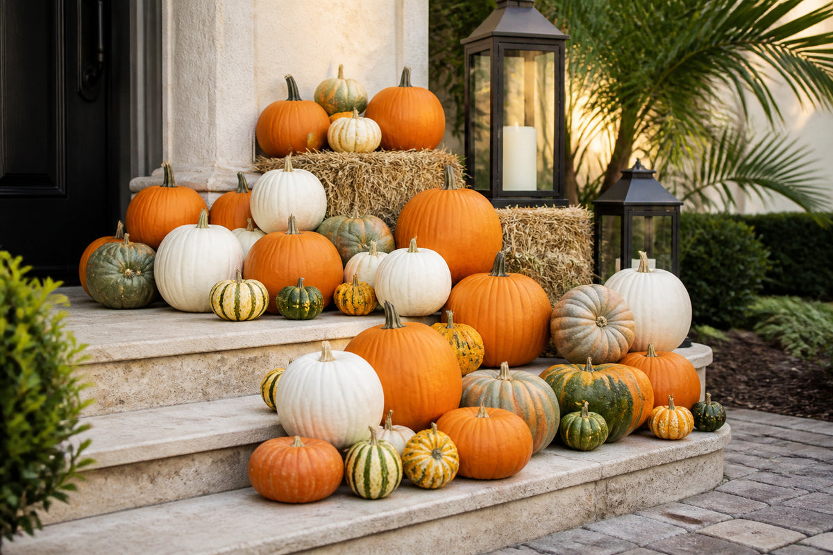 Close-up of heirloom and white ghost pumpkins in the Platinum Pumpkin Package, Naples FL