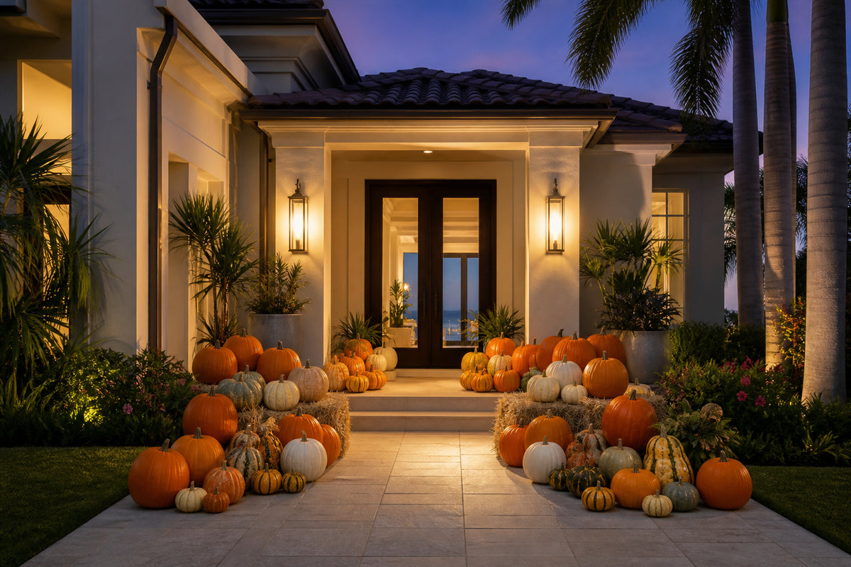 Platinum Pumpkin Package porch display lit at dusk on a Naples, Florida home