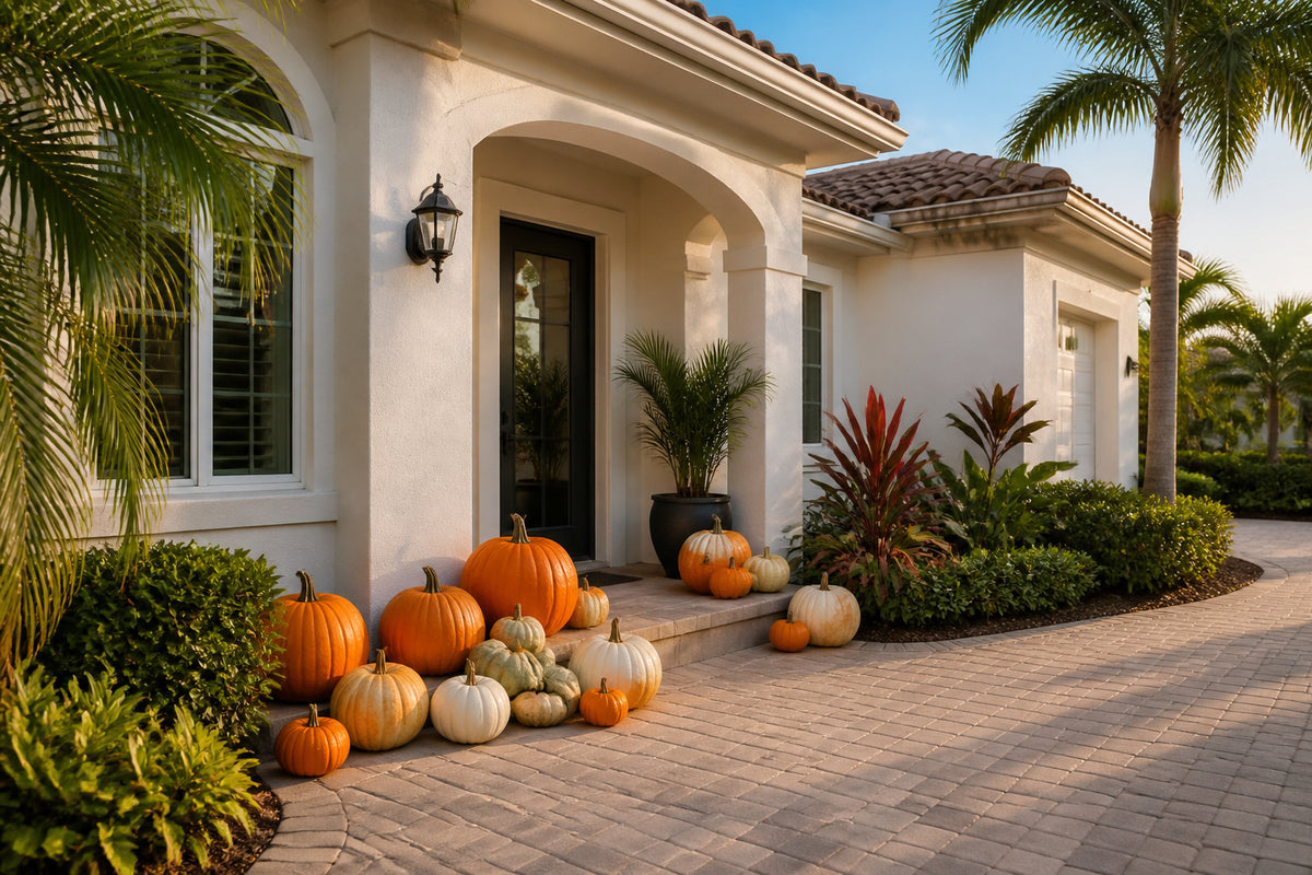Silver Pumpkin Package fall entry display seen from the driveway, Naples FL