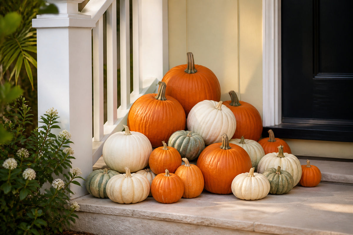 Close-up of heirloom and white ghost pumpkins in the Silver Pumpkin Package, Naples FL