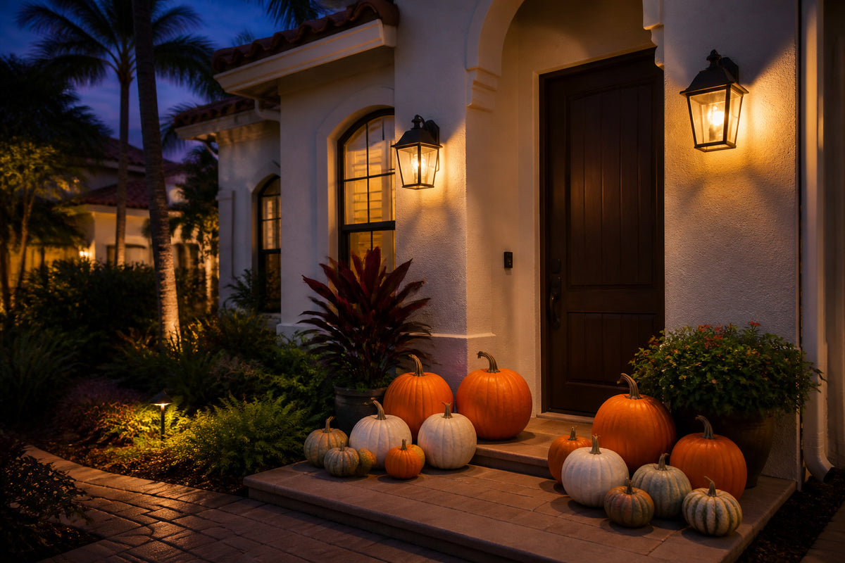 Silver Pumpkin Package porch display lit at dusk on a Naples, Florida home