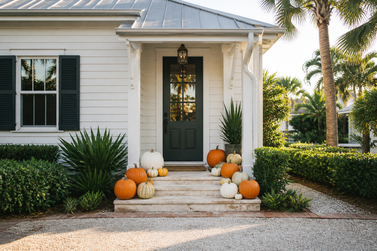 Silver Pumpkin Package fall porch display delivered and arranged in Naples, Florida