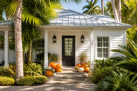 Silver Pumpkin Package fall porch display delivered and arranged in Naples, Florida